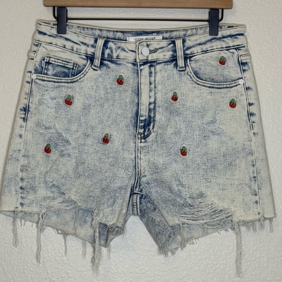 Judy Blue Pants - Judy Blue Cherry Bomb Denim Shorts High Rise Distressed Raw Hem Large